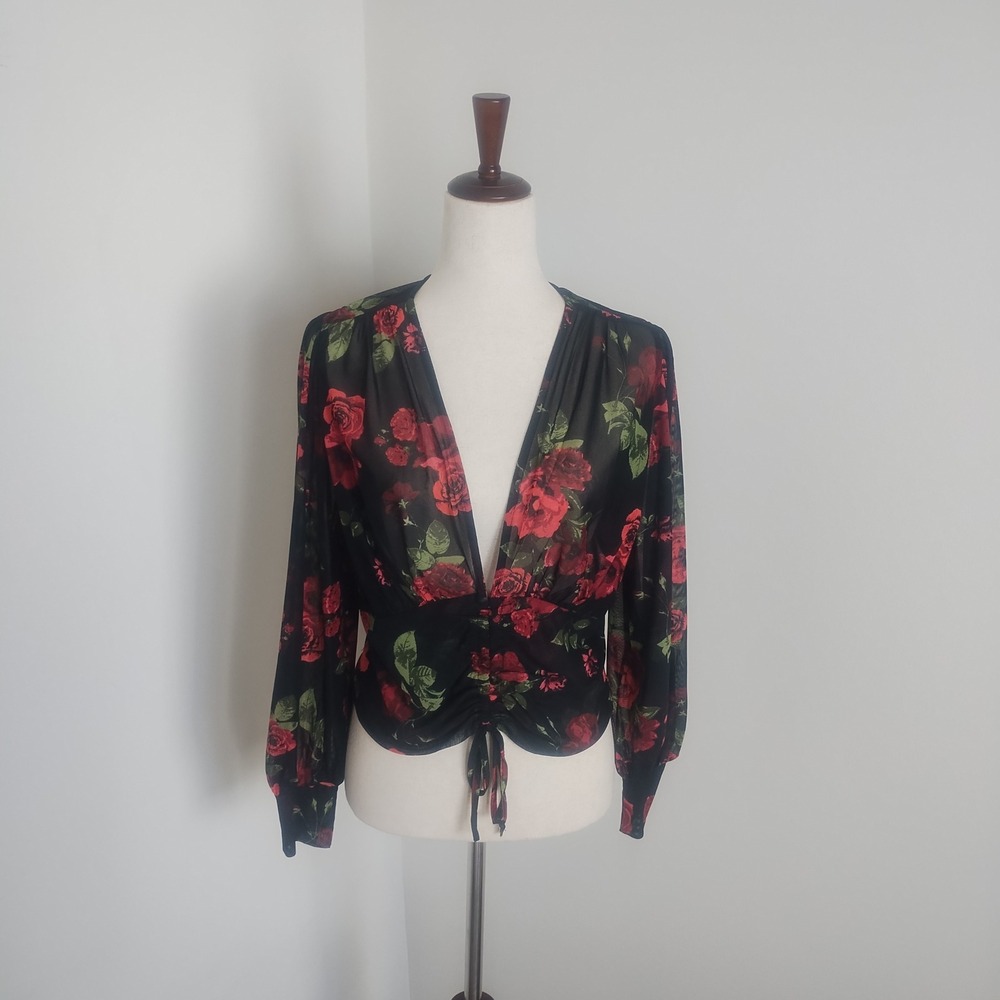 Ember Sheer Floral Top Women's Large Roses Ruched Romantic Whimsigoth
